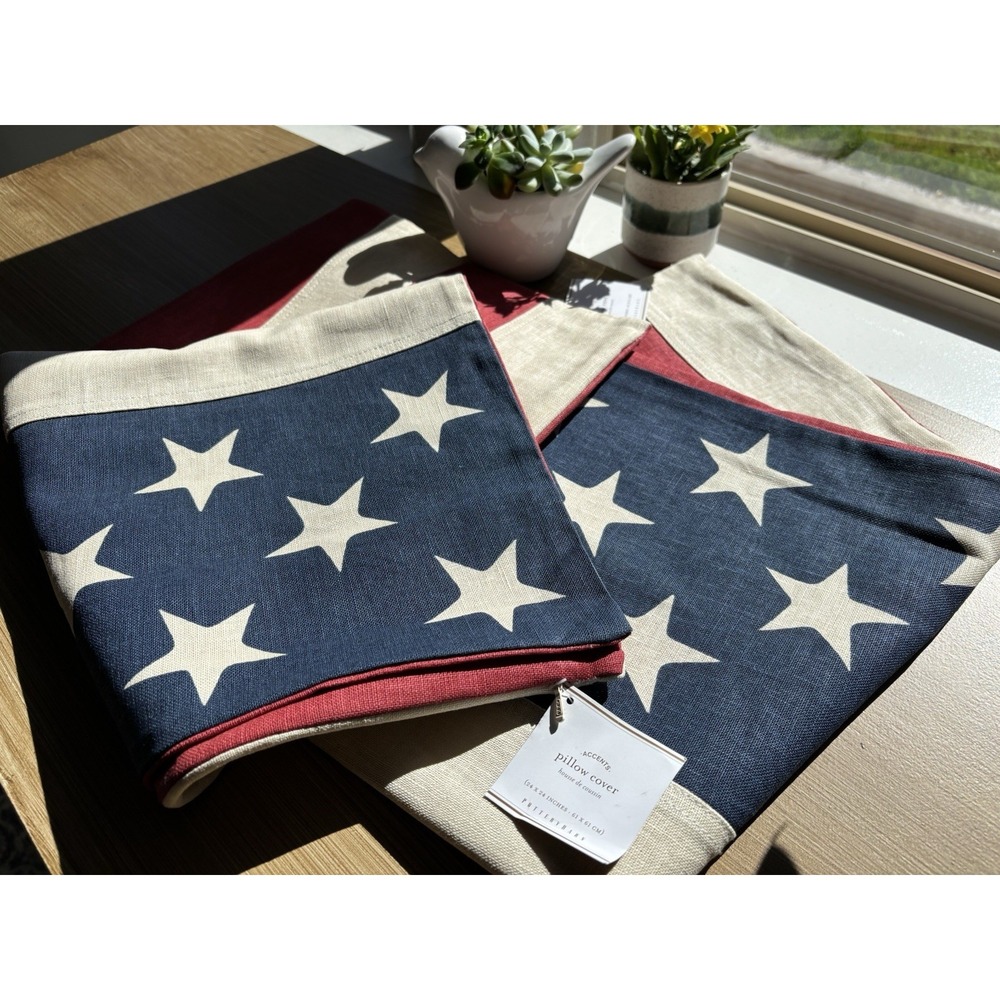 2 Pottery Barn 24" American Flag Stars Stripes Patriotic Linen Pillow Covers